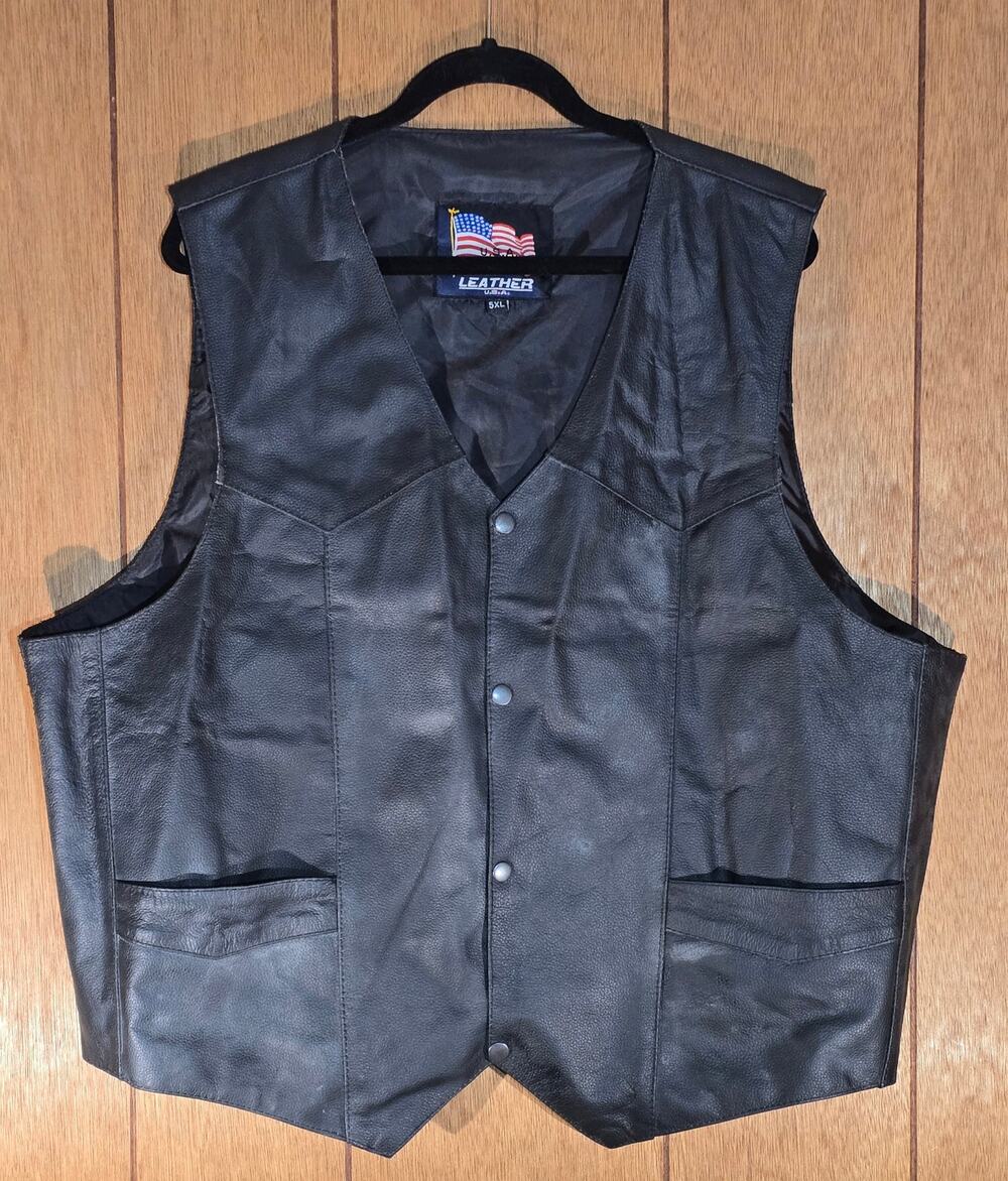 Leather USA Men's 5XL Black Leather Motorcycle Biker Vest Snap Front